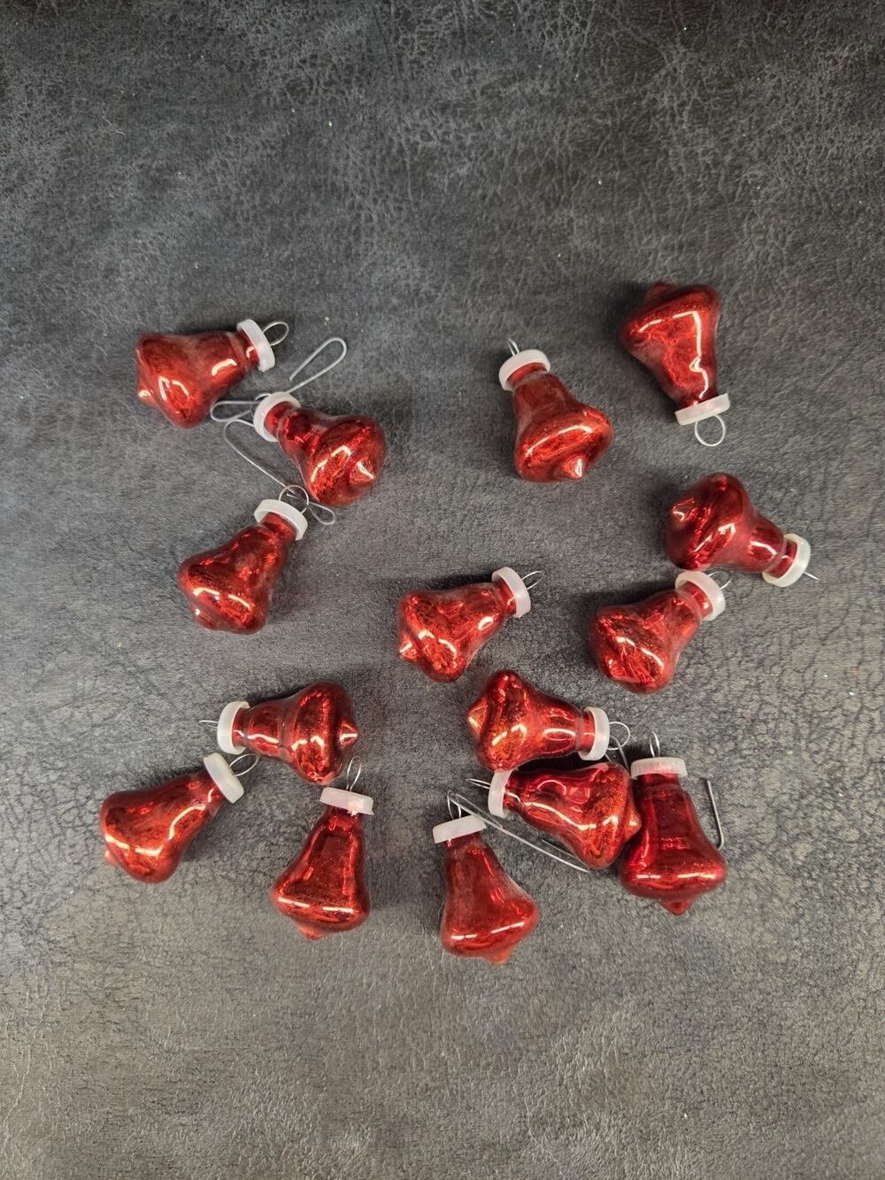 14 Vtg Miniature Red Christmas Bell Ornaments Tiny 1" Mid Century Holiday Lot